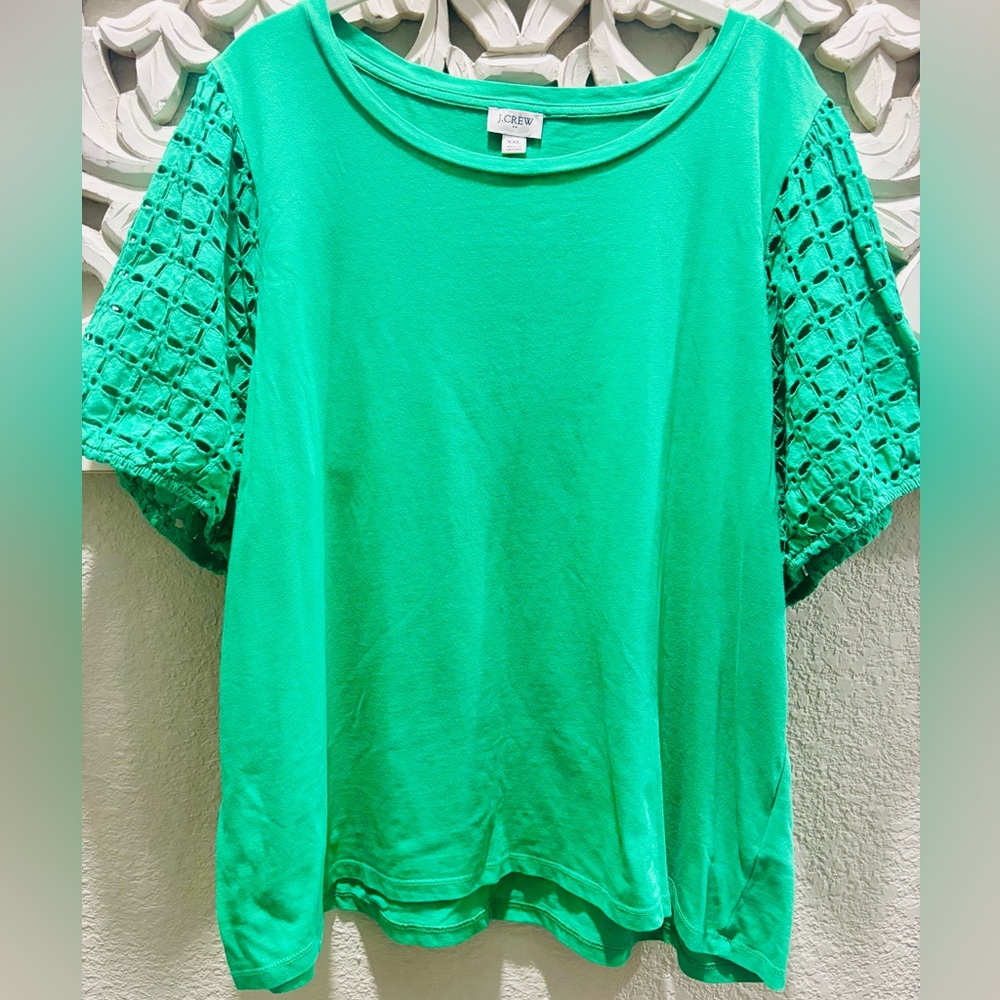 J. Crew Factory Kelly Green Puff Eyelet Sleeve T-Shirt - Picture 2 of 7